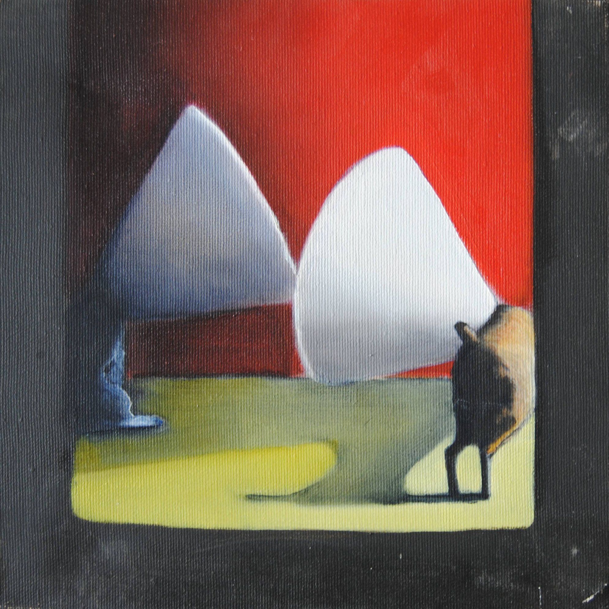 Due cani stilizzati con imbuti bianchi sulla testa, luce intensa gialla e rossa, effetto cono luminoso simile a fari su palcoscenico