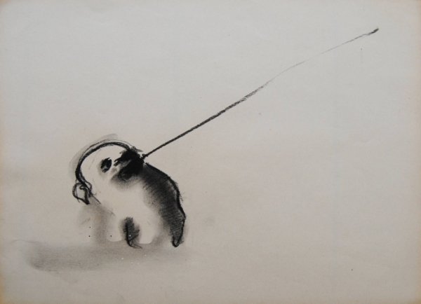 Cane stilizzato in matita, carboncino o pastello di Francesco Manenti, figura esistenziale in tensione, pittura evocativa