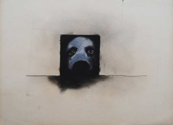 Cane stilizzato in matita, carboncino o pastello di Francesco Manenti, figura esistenziale in tensione, pittura evocativa
