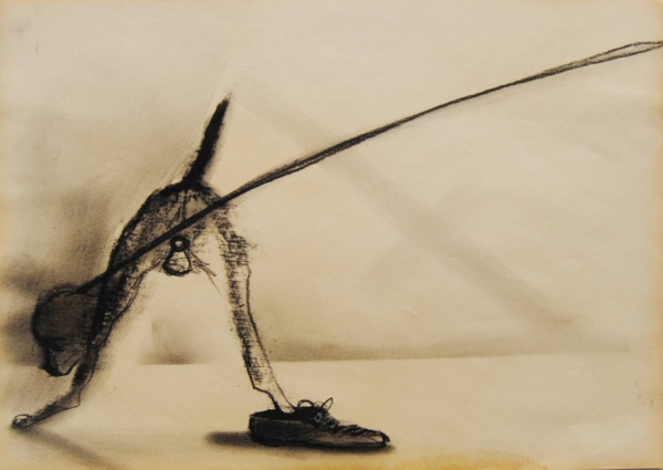 Cane stilizzato in matita, carboncino o pastello di Francesco Manenti, figura esistenziale in tensione, pittura evocativa