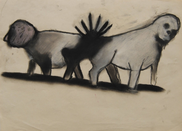 Cane stilizzato in matita, carboncino o pastello di Francesco Manenti, figura esistenziale in tensione, pittura evocativa