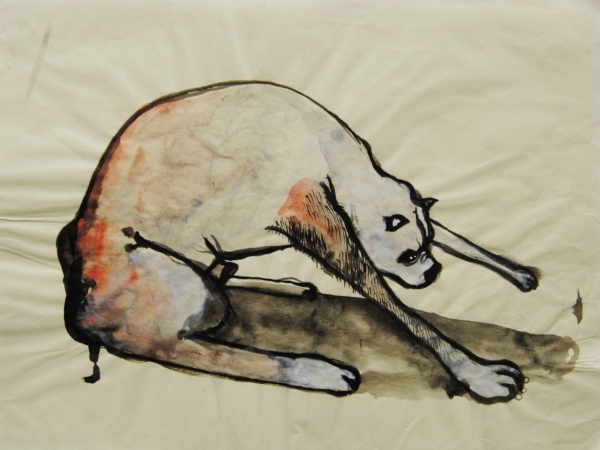 Cane stilizzato in matita, carboncino o pastello di Francesco Manenti, figura esistenziale in tensione, pittura evocativa