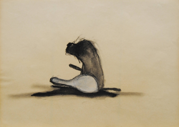 Cane stilizzato in matita, carboncino o pastello di Francesco Manenti, figura esistenziale in tensione, pittura evocativa