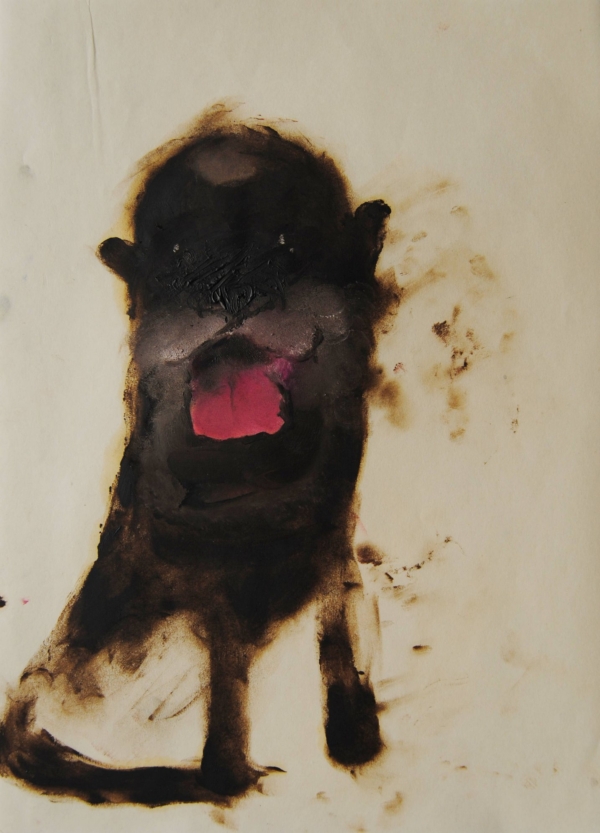 Cane stilizzato in matita, carboncino o pastello di Francesco Manenti, figura esistenziale in tensione, pittura evocativa
