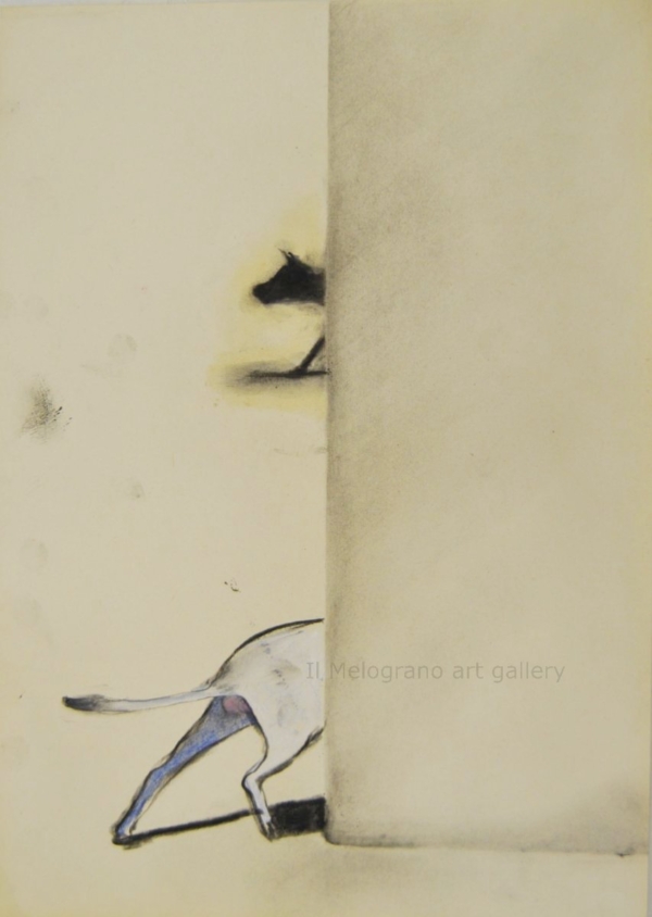 Cane stilizzato in matita, carboncino o pastello di Francesco Manenti, figura esistenziale in tensione, pittura evocativa