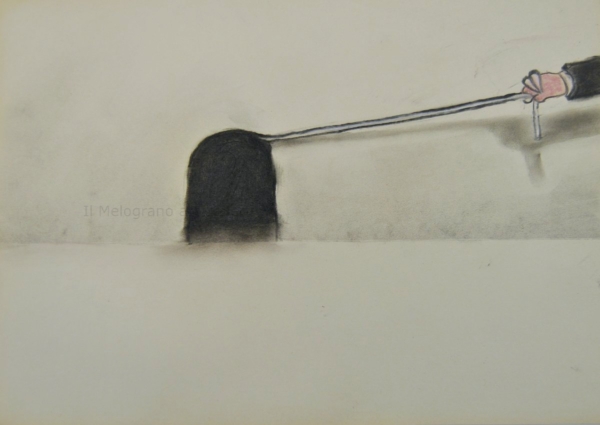 Cane stilizzato in matita, carboncino o pastello di Francesco Manenti, figura esistenziale in tensione, pittura evocativa