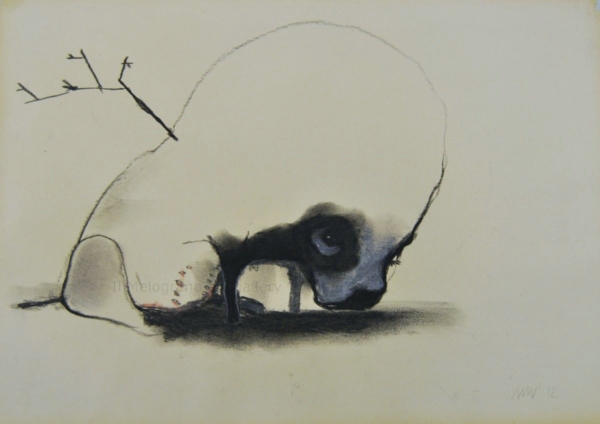 Cane stilizzato in matita, carboncino o pastello di Francesco Manenti, figura esistenziale in tensione, pittura evocativa