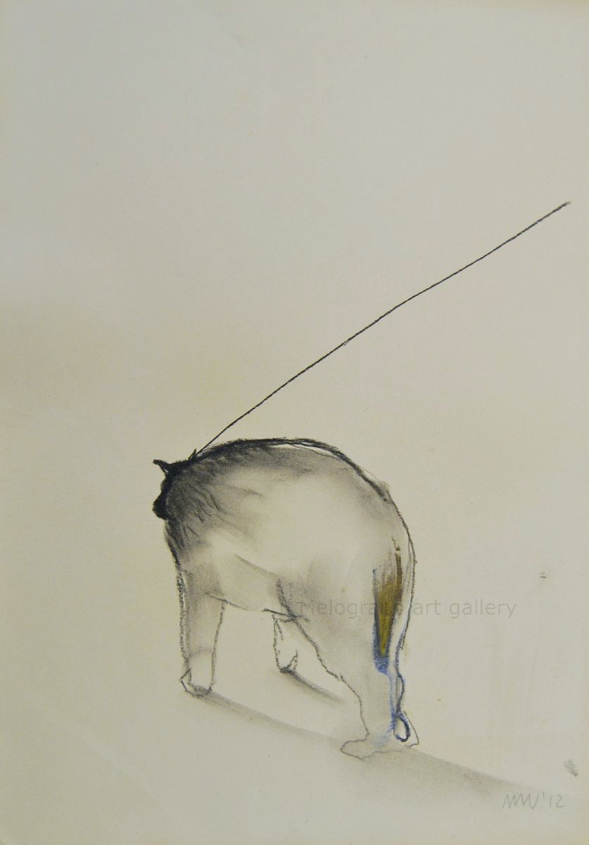 Cane stilizzato in matita, carboncino o pastello di Francesco Manenti, figura esistenziale in tensione, pittura evocativa