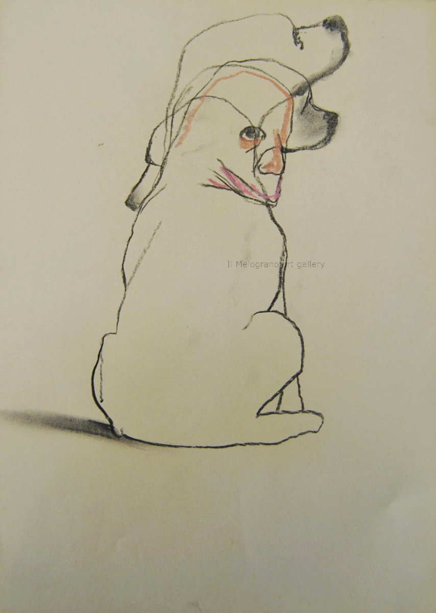 Cane stilizzato in matita, carboncino o pastello di Francesco Manenti, figura esistenziale in tensione, pittura evocativa