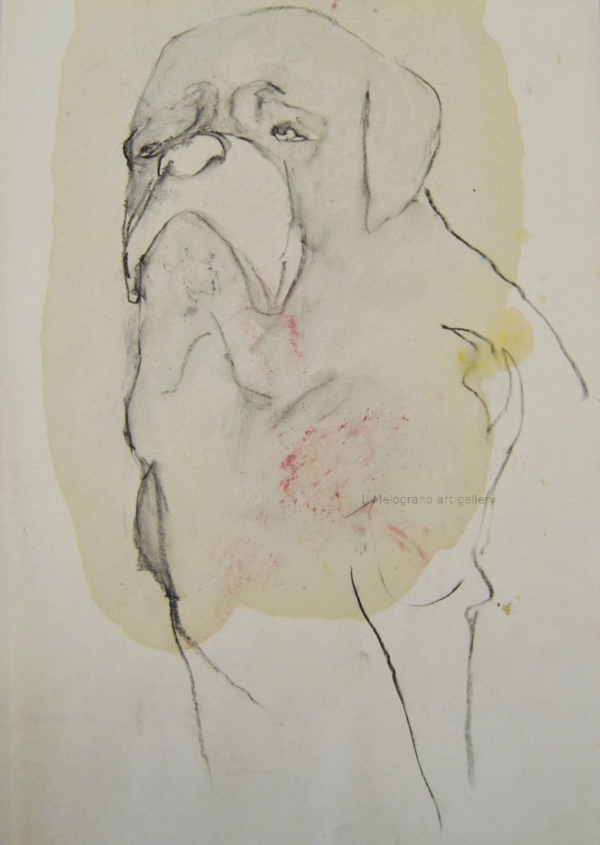 Cane stilizzato in matita, carboncino o pastello di Francesco Manenti, figura esistenziale in tensione, pittura evocativa