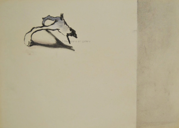 Cane stilizzato in matita, carboncino o pastello di Francesco Manenti, figura esistenziale in tensione, pittura evocativa
