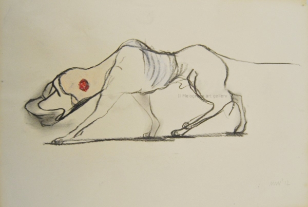 Cane stilizzato in matita, carboncino o pastello di Francesco Manenti, figura esistenziale in tensione, pittura evocativa