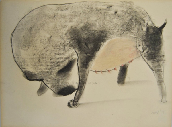 Cane stilizzato in matita, carboncino o pastello di Francesco Manenti, figura esistenziale in tensione, pittura evocativa