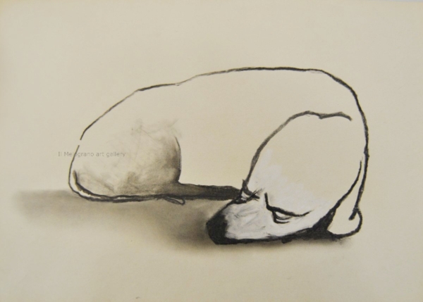 Cane stilizzato in matita, carboncino o pastello di Francesco Manenti, figura esistenziale in tensione, pittura evocativa