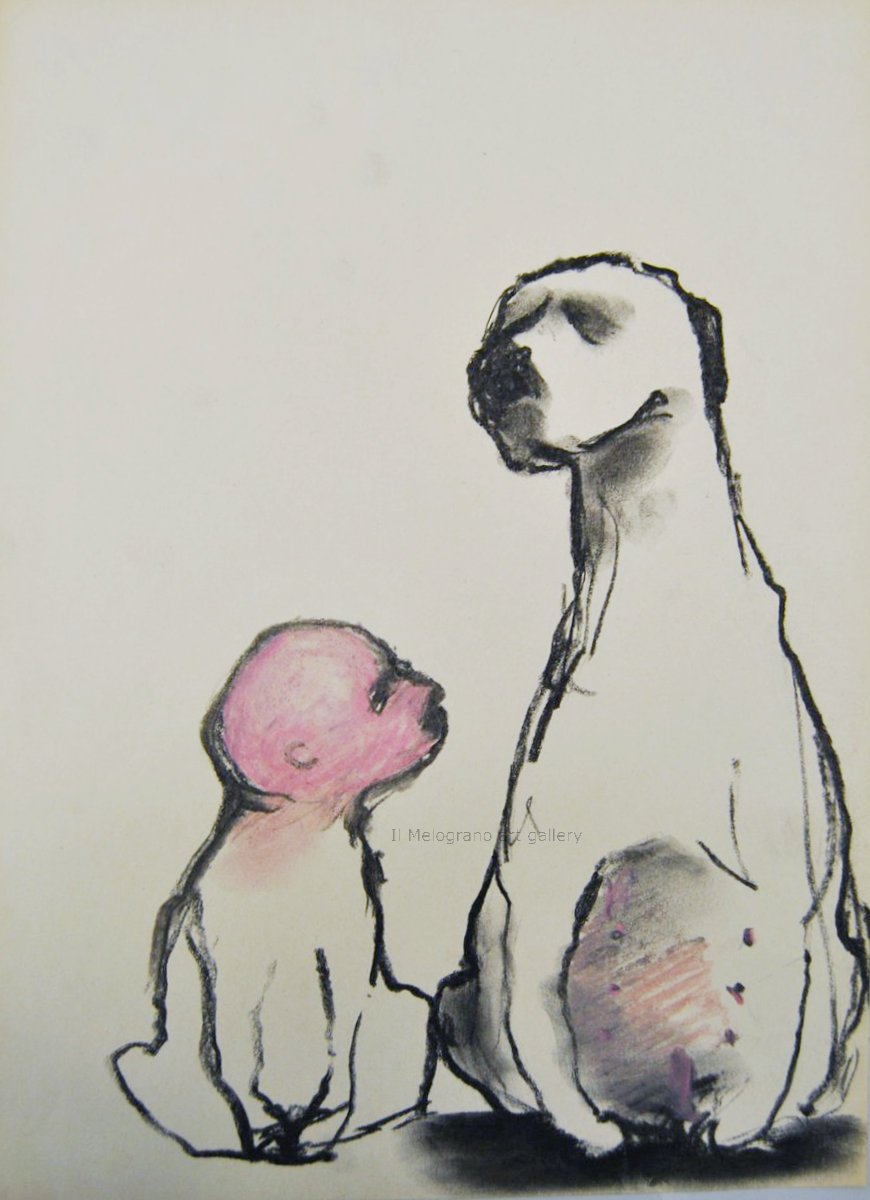 Cane stilizzato in matita, carboncino o pastello di Francesco Manenti, figura esistenziale in tensione, pittura evocativa