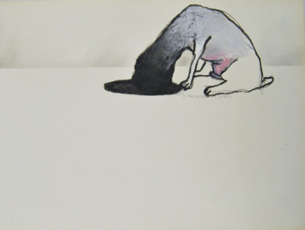 Cane stilizzato in matita, carboncino o pastello di Francesco Manenti, figura esistenziale in tensione, pittura evocativa
