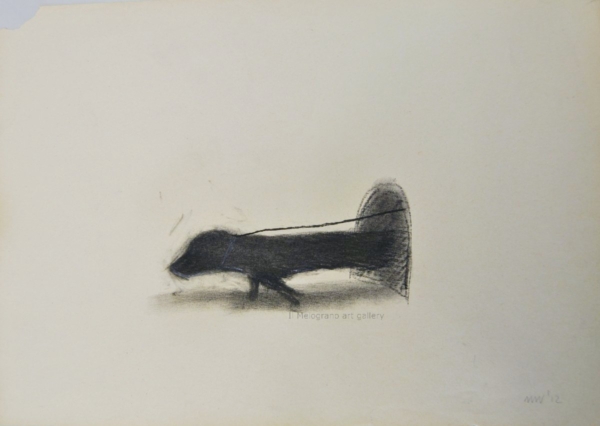 Cane stilizzato in matita, carboncino o pastello di Francesco Manenti, figura esistenziale in tensione, pittura evocativa