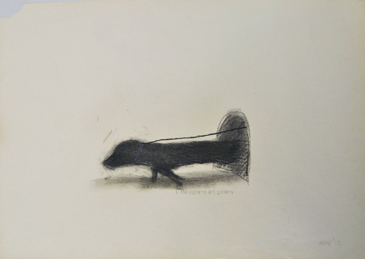 Cane stilizzato in matita, carboncino o pastello di Francesco Manenti, figura esistenziale in tensione, pittura evocativa