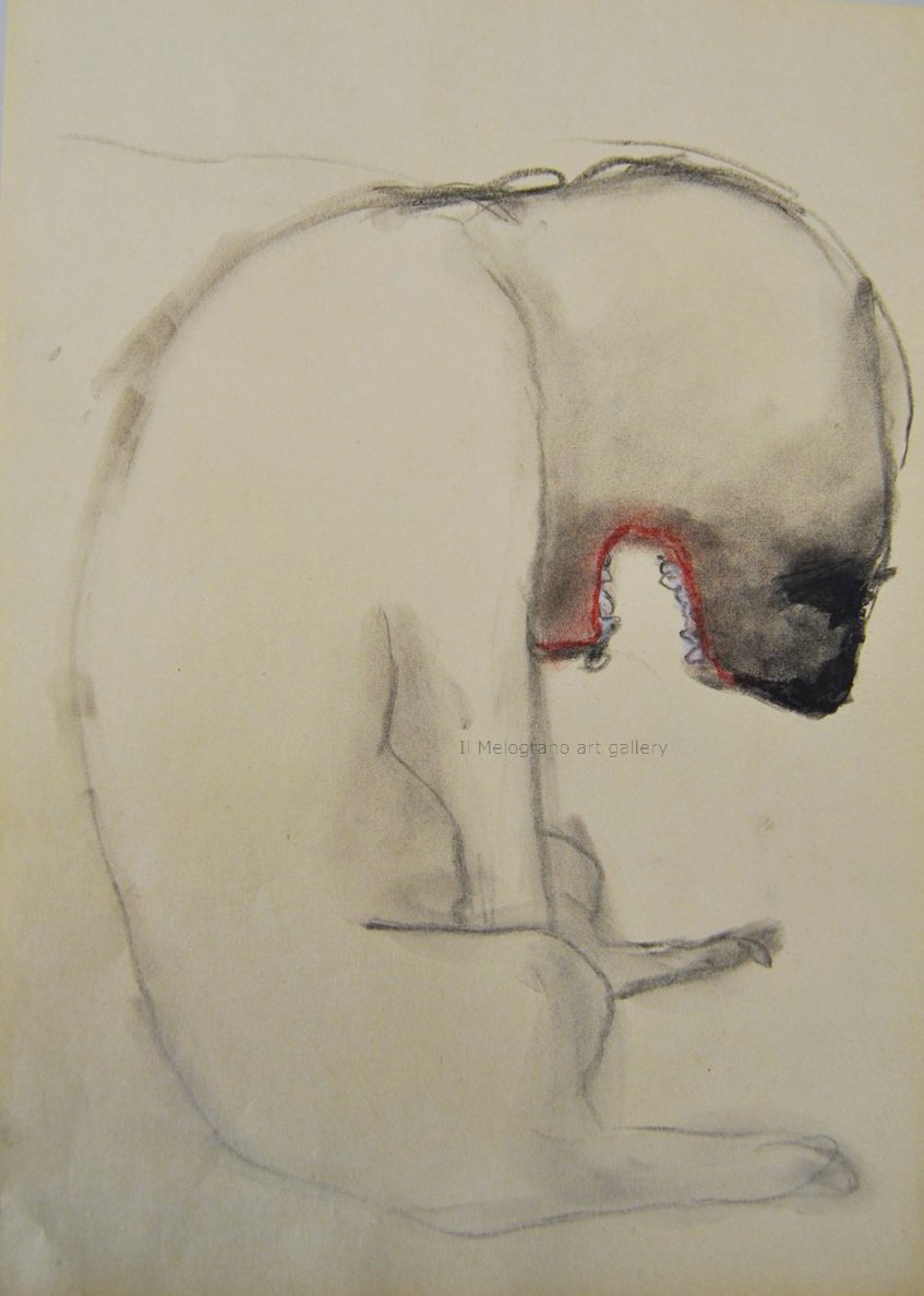 Cane stilizzato in matita, carboncino o pastello di Francesco Manenti, figura esistenziale in tensione, pittura evocativa