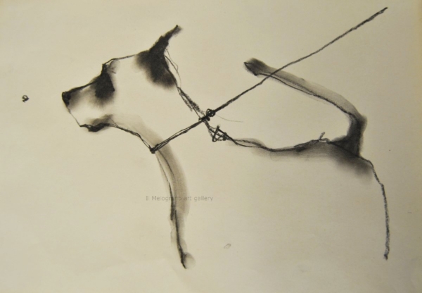 Cane stilizzato in matita, carboncino o pastello di Francesco Manenti, figura esistenziale in tensione, pittura evocativa