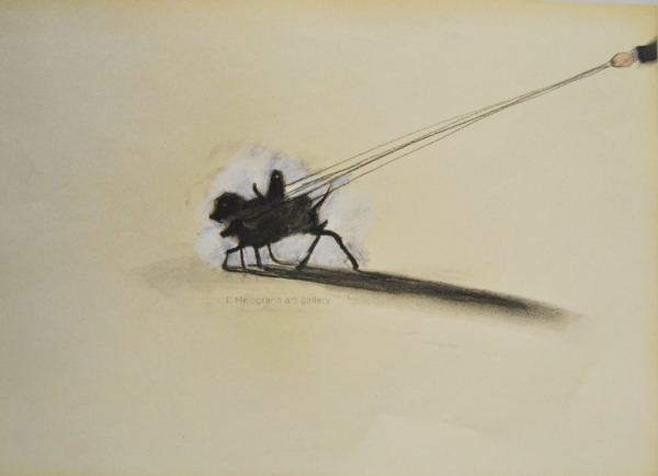 Cane stilizzato in matita, carboncino o pastello di Francesco Manenti, figura esistenziale in tensione, pittura evocativa