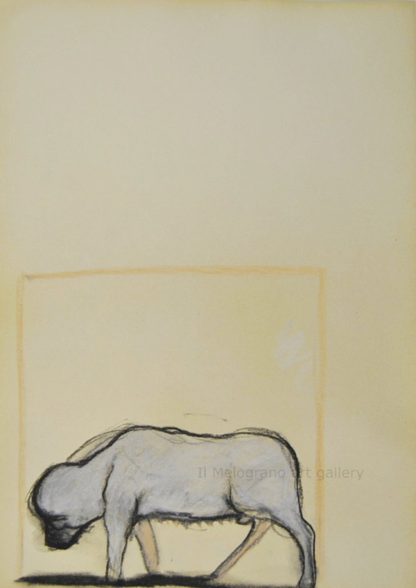 Cane stilizzato in matita, carboncino o pastello di Francesco Manenti, figura esistenziale in tensione, pittura evocativa