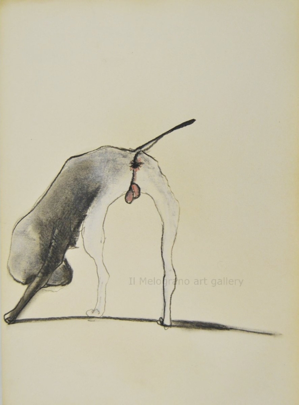 Cane stilizzato in matita, carboncino o pastello di Francesco Manenti, figura esistenziale in tensione, pittura evocativa