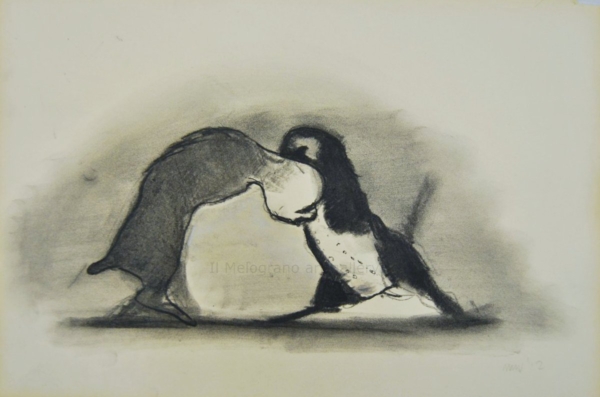 Cane stilizzato in matita, carboncino o pastello di Francesco Manenti, figura esistenziale in tensione, pittura evocativa