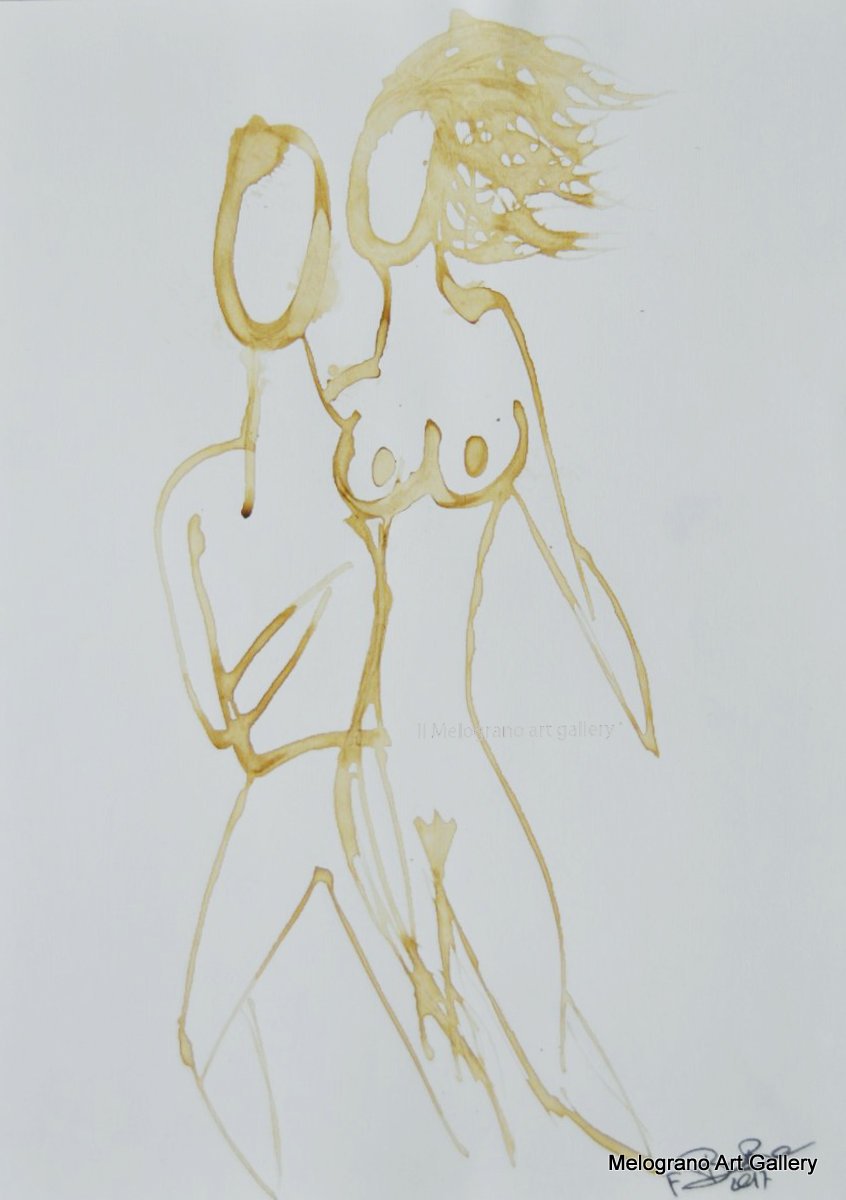 Disegno su carta di Futurboba realizzato con caffè diluito in acqua, linea morbida. Un omaggio all'Amore e alla tenerezza
