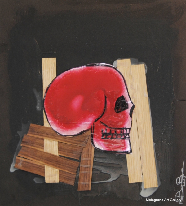 Quadro di Futurboba della seria "Nel cuore del Legno" . Un memento mori con teschio rosso