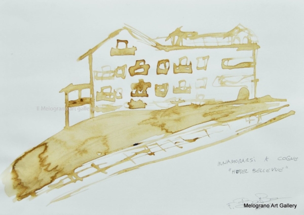 Disegno su carta di Futurboba realizzato con caffè diluito, serie dedicata alla vita quotidiana e alla memoria poetica. Cogne