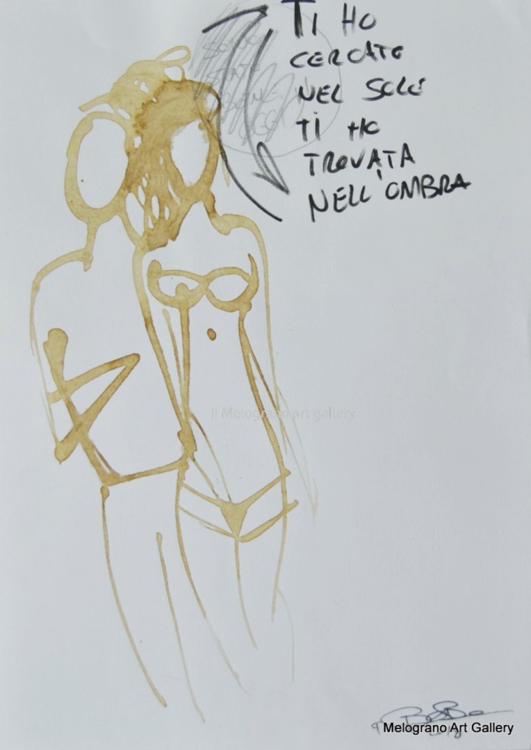 Disegno su carta di Futurboba realizzato con caffè diluito in acqua, linea morbida. Un omaggio all'Amore e alla tenerezza