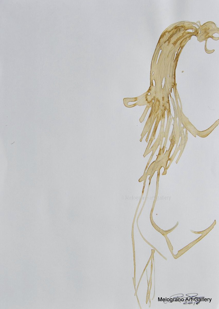 Disegno su carta di Futurboba realizzato con caffè diluito in acqua, linea morbida. Un omaggio all'Amore e alla tenerezza