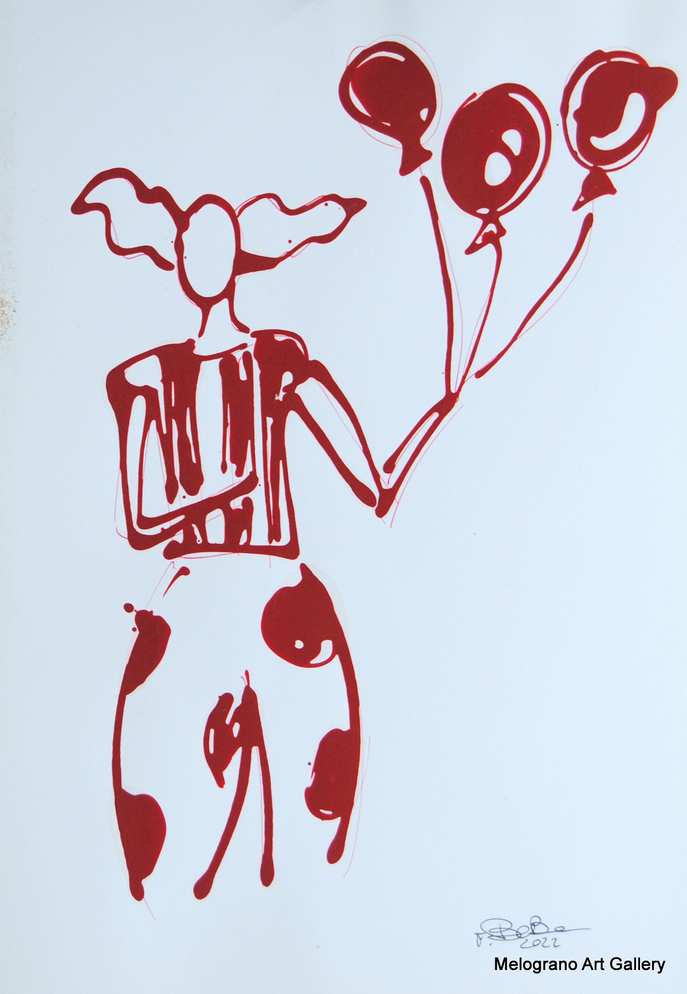 Disegno su carta di Futurboba, figura circense in tratto rosso e cuore simbolico. un clown con palloncini