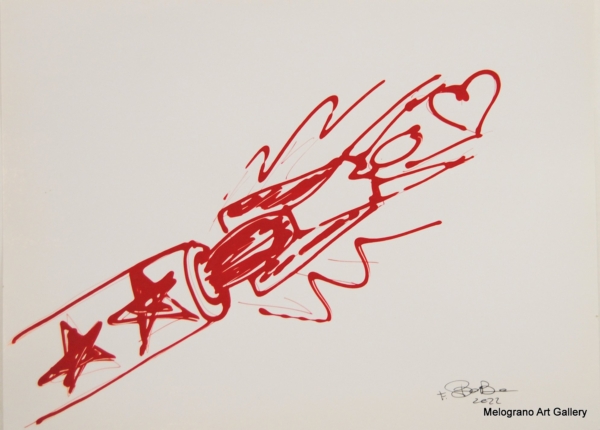 Disegno su carta di Futurboba, figura circense in tratto rosso e cuore simbolico. L'uomo cannone