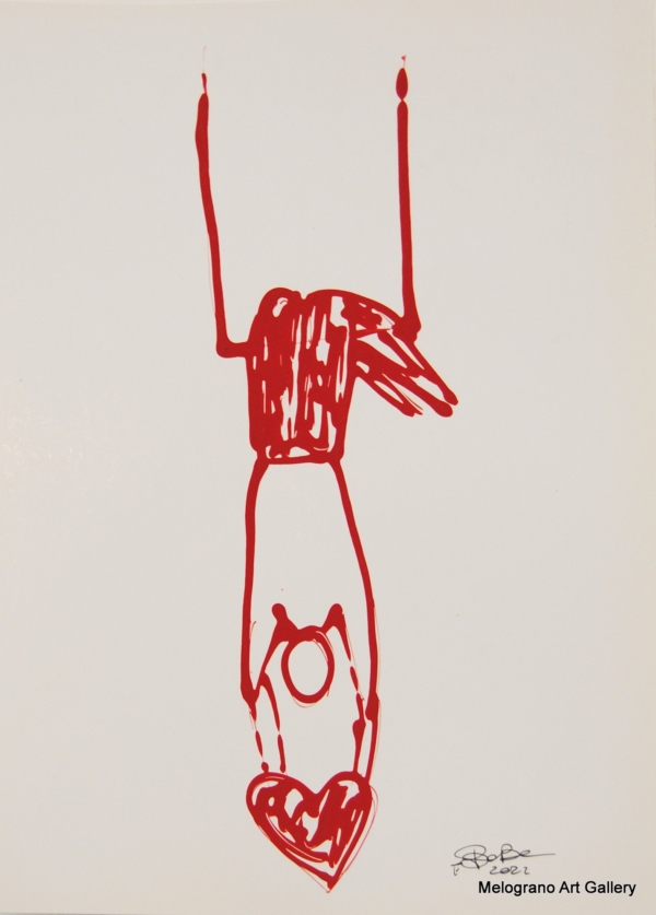 Disegno su carta di Futurboba, figura circense in tratto rosso e cuore simbolico. un trapezista