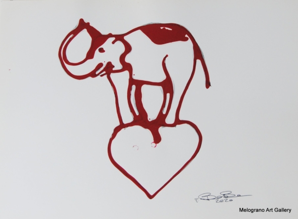 Disegno su carta di Futurboba, figura circense in tratto rosso e cuore simbolico.un elefante un bilico sopra un cuore