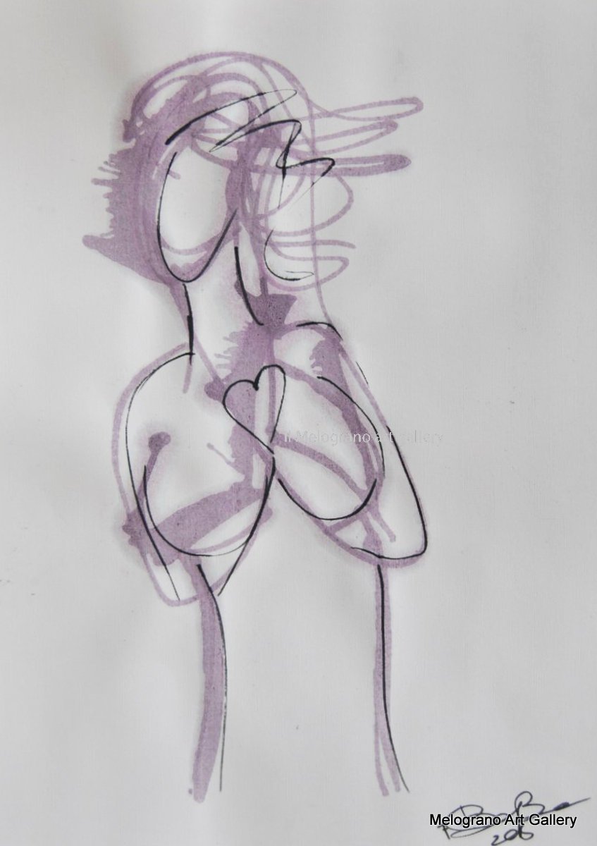 Disegno su carta di Futurboba realizzato con marker diluito in alcool, linea morbida. Un omaggio alla Donna e all'Amore