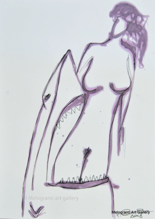 Disegno su carta di Futurboba realizzato con marker diluito in alcool, linea morbida. Un omaggio alla Donna e all'Amore