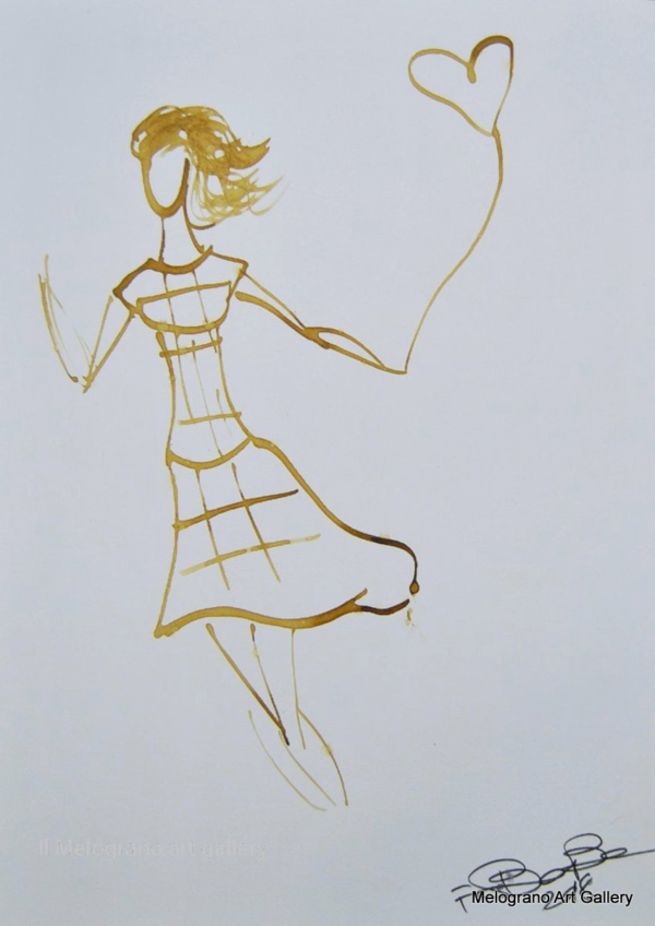 Disegno su carta di Futurboba realizzato con caffè diluito in acqua, linea morbida. Un omaggio all'Amore e alla tenerezza
