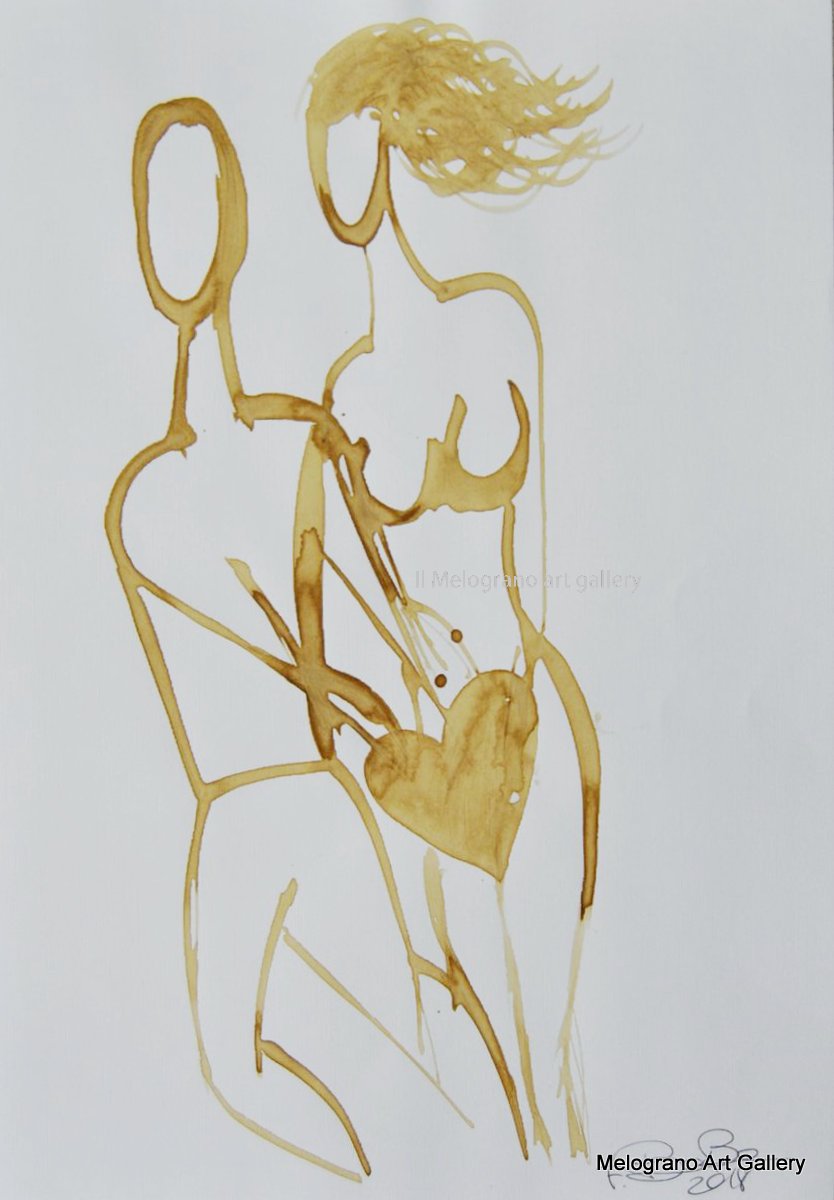 Disegno su carta di Futurboba realizzato con caffè diluito in acqua, linea morbida. Un omaggio all'Amore e alla tenerezza