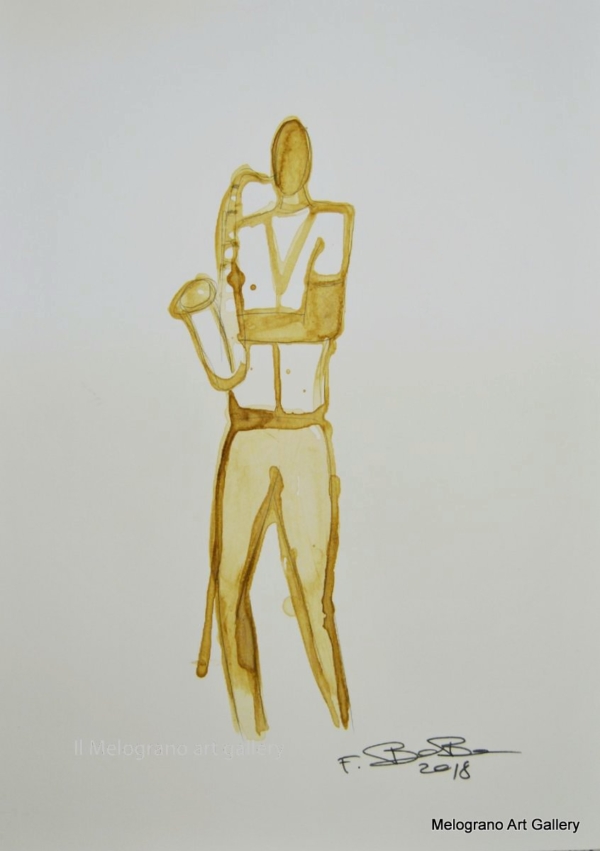 Disegno su carta di Futurboba con John Coltrane in piedi col sax, realizzato con caffè diluito
