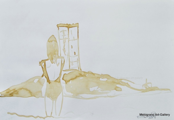 Disegno su carta di Futurboba realizzato con caffè diluito, serie dedicata alla vita quotidiana e alla memoria poetica.
