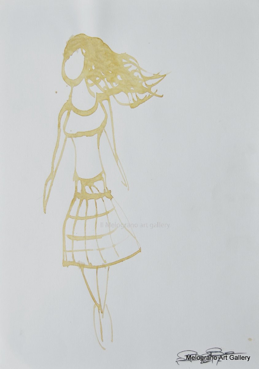 Disegno su carta di Futurboba realizzato con caffè diluito in acqua, linea morbida. Un omaggio all'Amore e alla tenerezza