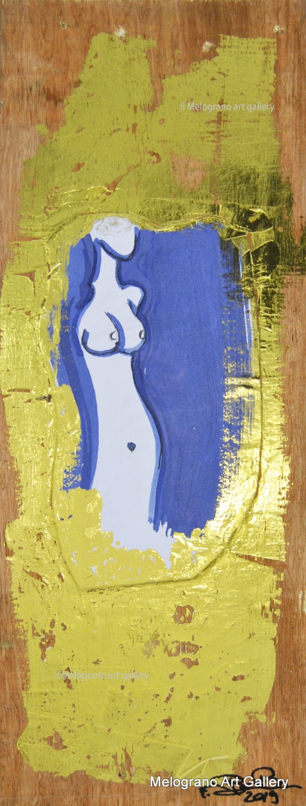 Tavola di Futurboba della serie La Donna di Atlantide, tecnica mista, acrilici, collage e foglia oro su legno