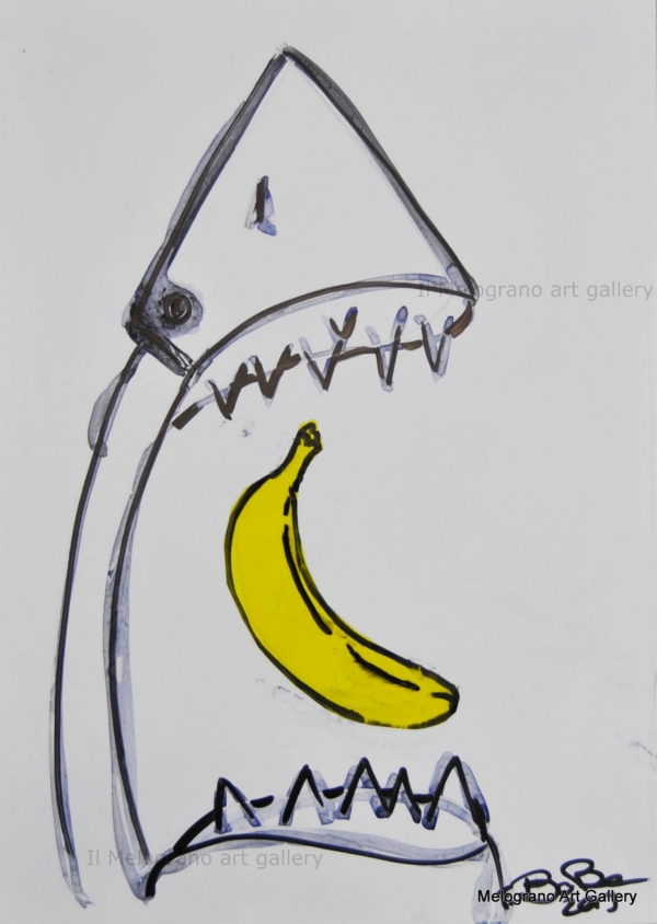 Disegno su carta di Futurboba con squalo con banana in plastica trasparente colorata, titolo Mangio Arte