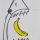 Disegno su carta di Futurboba con squalo con banana in plastica trasparente colorata, titolo Mangio Arte