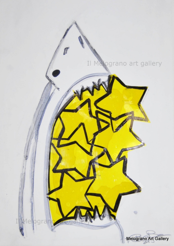 Disegno su carta di Futurboba con squalo e stelline in plastica trasparente colorata, titolo Mangio desideri