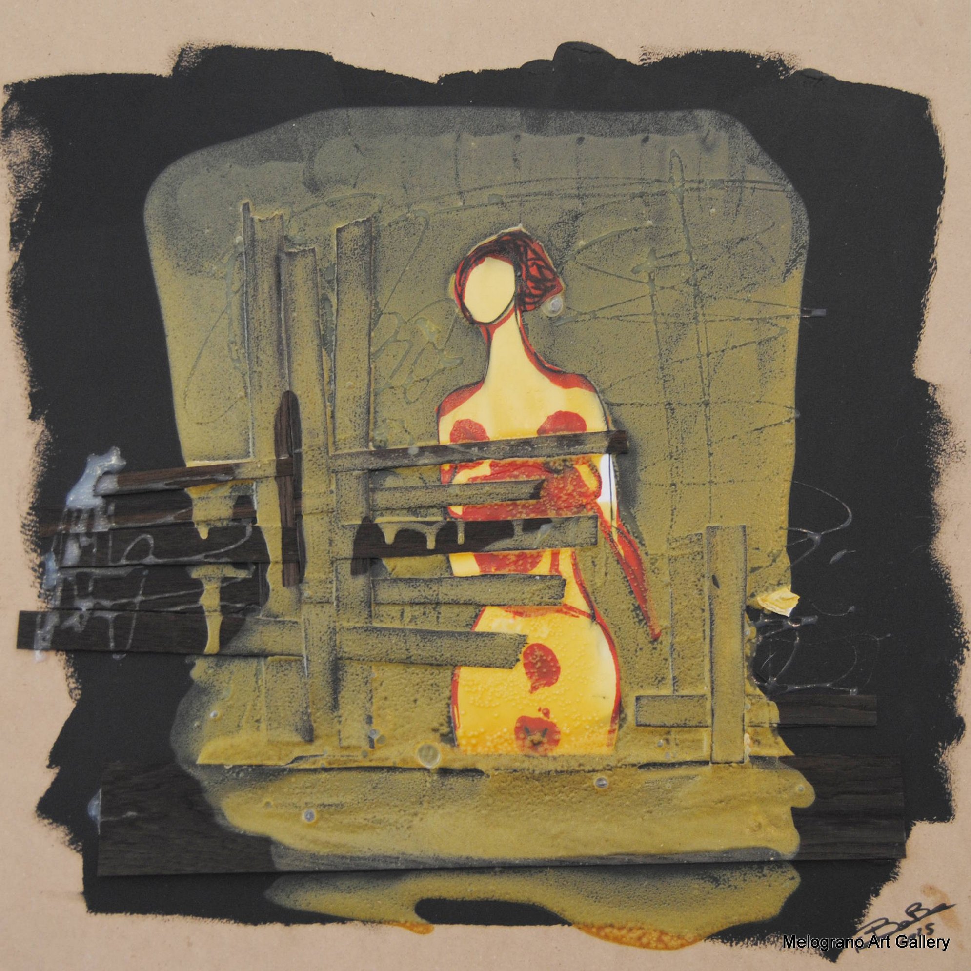 Opera di Futurboba intitolata La resina conserva finché non ci pensi troppo, figura femminile sotto resina su fasce di legno