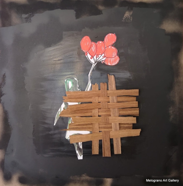 quadro su tavola di Futurboba intitolato Quel che resta di Gaza, una bimba con palloncini rossi dietro fasce da impiallacciatura